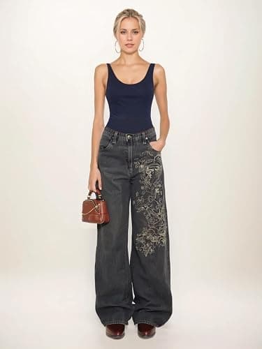 Unisex Y2K Hip Hop Street Jeans Skeleton Printed Gothic Baggy Jeans Vintage High Waist Denim Jeans Wide Leg Pants thumbnail 2
