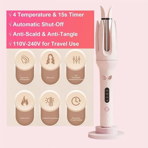 Automatic Curler, Professional Auto-Rotating Curling Iron with LCD Screen 28mm for Barrel Rotating Curling Wand 4 Temps & 15s Timer, Fast Heating Hair Styling Tool(Updated Version Pink) thumbnail 2