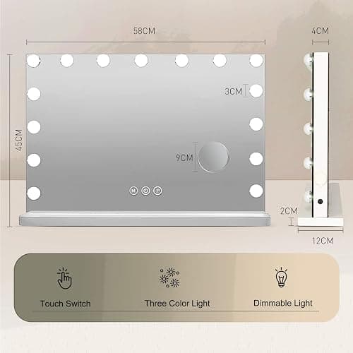 YU YUSING Hollywood Makeup Mirror, 45×58cm Large Lighted Vanity Mirror, Tabletop or Wall-Mounted Mirror, with 15 Dimmable Bulbs, 3 Color Modes, Touch Screen Control, 10X Magnifier, USB Output Port thumbnail 2