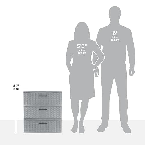 3-Drawer Wide Weave Tower, Plastic Storage Box with Pull Handles, Decorative Cabinet for Bedroom, Bathroom & Office, Gray thumbnail 5