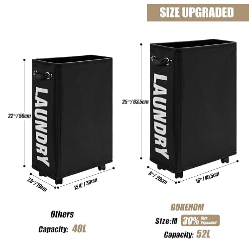 DOKEHOM 25-Inches Slim Laundry Basket on Wheels, Collapsible Rolling Laundry Hamper, Foldable Narrow Corner Clothes Storage Bins (Black) thumbnail 3