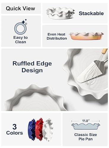 LE TAUCI Ceramic Pie Pans for Baking, 11 Inches Deep Dish Pie Plate for Apple Pie, Pot Pie, 48 Ounce Baking Dish with Ruffled Edge, Set of 2, White thumbnail 5