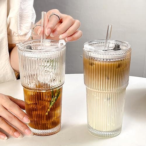 TUZAZO 20 Oz Glass Tumblers with Lids and Straws - 2 Pack Ribbed Glass Iced Coffee Cup with Straw and Lid, Thicken Glasses, Ideal for Smoothieds, Cocktails, and Juices thumbnail 7