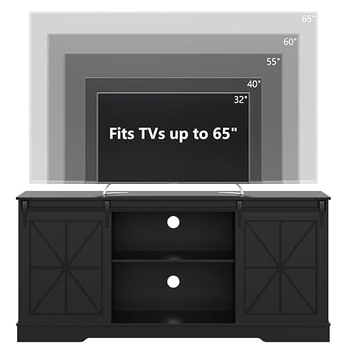 Farmhouse TV Stand for 65/60/55 Inch Tvs, Rustic Entertainment Center with Storage Cabinets & Sliding Barn Doors, Modern Media Console Table, Wood Television Furniture for Living Room, Bedroom, Black thumbnail 3
