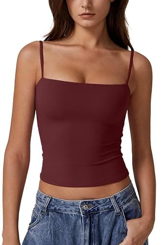 QINSEN Women's Double Lined Basic Tank Top Adjustable Spaghetti Straps Sleeveless Camisole Shirts - Image 1