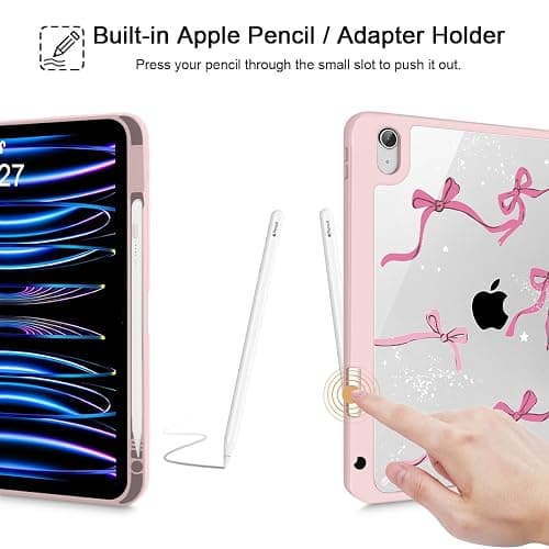 Tuiklol Case for iPad Air 11'' (M3 2025/M2 2024) 6th Gen/iPad Air 10.9'' 2022 2020 Air 5th /4th Gen, Buit in Pencil Holder with Shockproof Cover Clear Transparent Back Auto Wake/Sleep, Bow-Pink thumbnail 5
