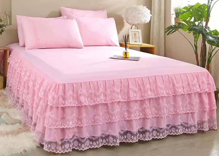 Romantic Ruffled Bed Skirt with Sheet,Dust Ruffle Bedskirt with 3 Lace Layers,17.7" Drop thumbnail 5