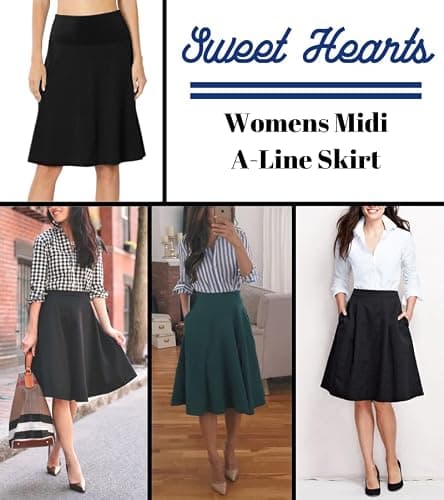 Sweet Hearts A-Line Midi Skirts for Women- Black Skirt Womens Knee Length | Black Midi Skirt, Foldover Waist, Midi Length, Basic, Flowy, Womens Skirts, High Waist, ALine, Modest, Flared, Made in USA thumbnail 4
