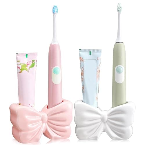 Teenyyou 2 Pieces Coquette Bow Toothbrush Holder, Cute White and Pink Bowtie Toothbrush Holder, Coquette Bowknot Design Ceramic Bathroom Decor, Bathroom Countertop Supplies for Home thumbnail 4