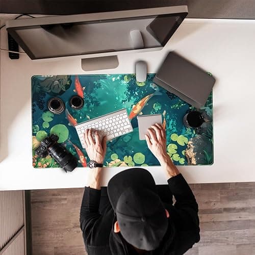 Koi Fish Desk Mat Gaming Koi Pond Desk Pad Large Cute Mouse Pad, Goldfish Mouse Mat XXL Laptop Keyboard Pad, Blue Waters Gamer Mouse Pad Full Mousepads Cool Office Accessories 31.5"x15.7" thumbnail 7