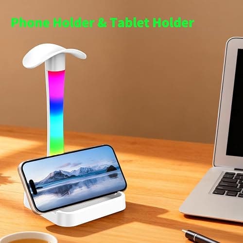 Tascaquin Headphone Stand with Charger,Gaming Headset stand with RGB Light Mode,For Airpod Max Stand,Desk Lamp,Phone Holder,Tablet Holder,desktop organizer,Gifts for Gamers & Music Lover (White) thumbnail 9