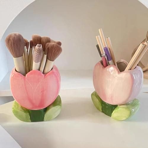 Busnos Pen Holder for Office Desk Accessories Aesthetic Pink Makeup Brush Holder Pencil Holder Cute Tulips Home Decor Birthday Gifts for Women Vanity Toothbrush Holder Kawaii Kitchen Utensil Holder thumbnail 4