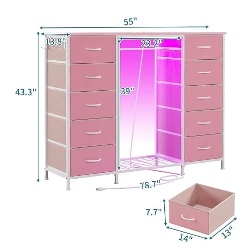 LUMTOK 2-in-1 Dresser with Hanging Rack, 10 Drawers Dresser for Bedroom,Dressers with Fabric Drawers,LED Lights, Charging Station and Hanging Racks for Bedroom (Pink) thumbnail 2