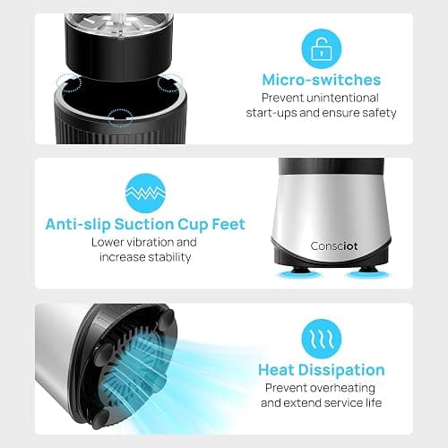 Consciot CB08 11-Piece Blender for Kitchen and Personal Size, Blend Shakes and Smoothies, Frozen Drinks, Baby Food, Spreads & More, 3 Portable To-Go Cups & 2 Spout Lids & 1 Solid Lid, 900 Peak Watts thumbnail 6