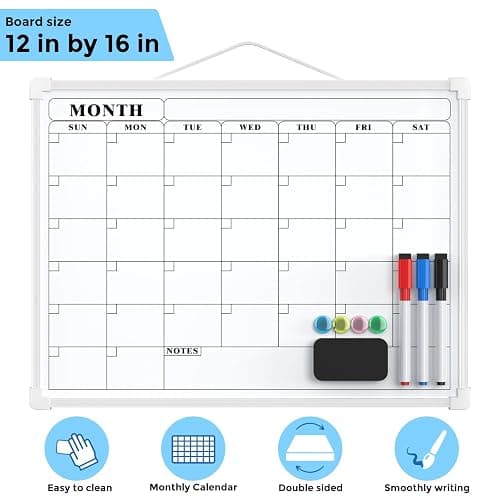 MaxGear Monthly Calendar Dry Erase Board for Wall, 16"x12" Small Hanging Double-Sided White Board, Portable Whiteboard for Planning, Drawing, Memo, to Do List, School, Home, Kitchen, Office thumbnail 7