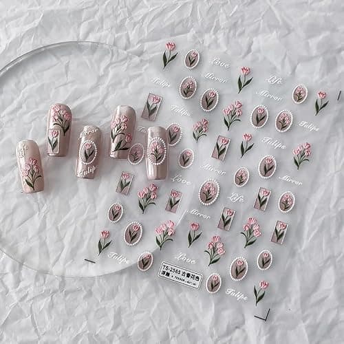 Flower Nail Stickers 5D Embossed Nail Art Stickers Decals Self-Adhesive Pink Tulips Floral Nail Supplies Spring Nail Art Design Decoration Accessories thumbnail 4