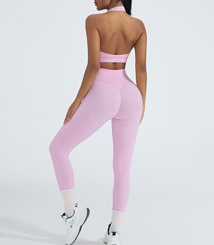 OMKAGI 2 Piece Workout Sets for Women Halter Sports Bras Gym Sets Booty Leggings Outfits thumbnail 8