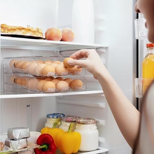 SMRCAD Egg Holder for Fridge, Automatic Steady Rolling Egg Dispenser with Silicone Bumpers & Handle for Refrigerator, Large Capacity Egg Organizer with Lid thumbnail 7