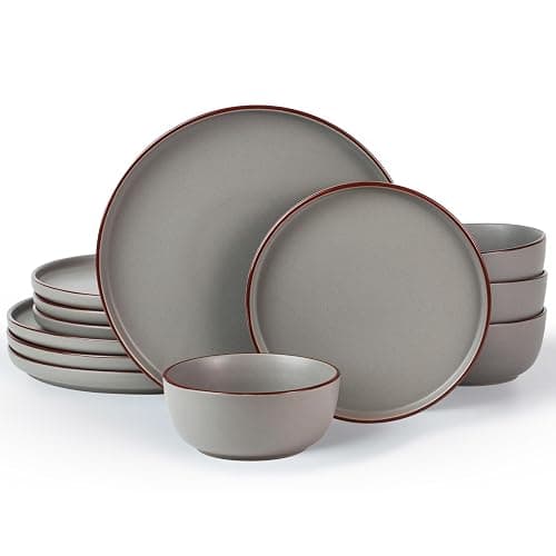 Famiware Mercury Plates and Bowls Sets, 12 Pieces Stoneware Dinnerware Sets, Dishes Set for 4, Microwave and Dishwasher Safe, Dark Grey - Dark Gray - 12-Pieces - Image 1