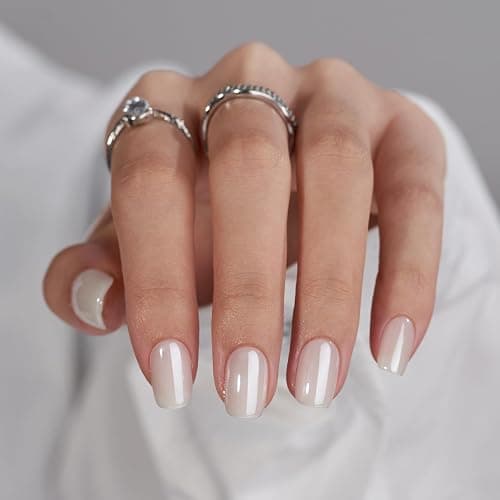 BTArtbox Press On Nails Short - White Soft Gel Press On Nail, Square Chrome Nail Tips Glue On Nails, Reusable Stick On Nails in 15 Sizes - 30 Soft Gel Fake Nails Kit, Vanilla Glazed - Image 1