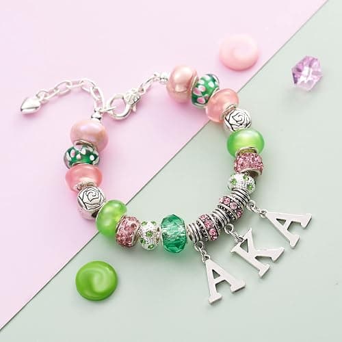AKA Sorority Gifts for Women Paraphernalia Sorority Bracelet Pink and Green Jewelry Greek Crystal Charm thumbnail 2