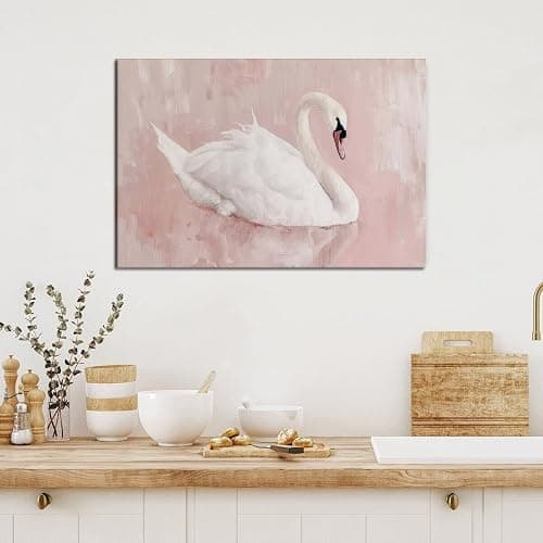 Trendy pink swan wall art white swan canvas painting coquette room decor aesthetics poster for girl nursery room decor Framed12x16inch - Image 1