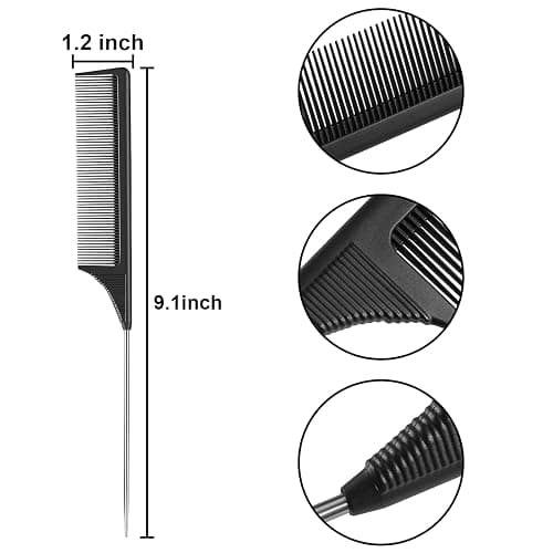 Leinuosen 3 Packs Rat Tail Comb Steel Pin Rat Tail Carbon Fiber Heat Resistant Teasing Combs with Stainless Steel Pintail (Black) thumbnail 2