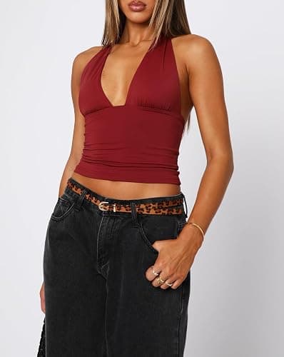 ForeFair Women Sexy Halter Deep V Neck Backless Crop Tank Top Open Back Sleeveless Slim Fit Y2k Summer Tops thumbnail 4