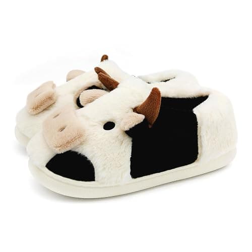 PUWAN Cute Fuzzy Cow Slippers for Women, Cartoon Plush Warm Cow Slippers for Girls Funny, Novelty and Soft Cotton Slipper, Women's Winter House Shoes Suitable for Indoor Bedroom Dormitory - Image 1