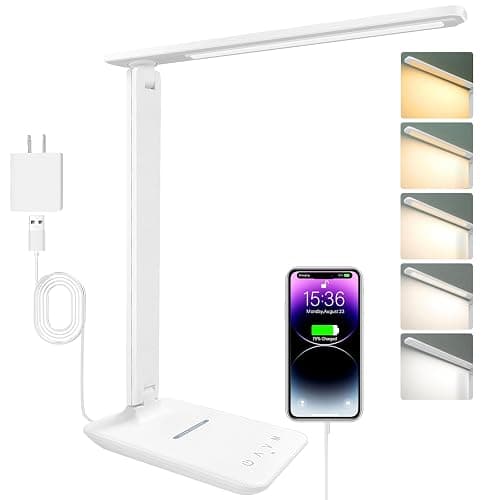 White crown LED Desk Lamp with 15W Wireless Charger & USB Port, Dimmable Table Lamp with 5 Lighting Modes, Sensitive Touch Control, Foldable & Portable Desk Light for Home, Office, Bedroom, Reading - Image 1