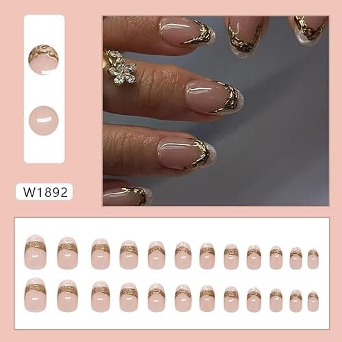 3D Gilded Press on Nails Short Oval Press on Gold French Tip Fake Nails Golden Chrome Designs False Nails Glossy Nude Full Cover Artificial Nails for Women DIY Manicure Charms Decor Supplies 24Pcs thumbnail 3