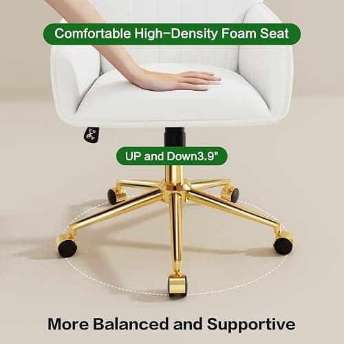 Home Office Desk Chair Comfy with Adjustable Swivel Wheels, Modern Velvet Makeup Vanity Chair with Back & Pillow, Ergonomic Office Chair Computer Task Chair for Living Room, Bedroom, White thumbnail 9