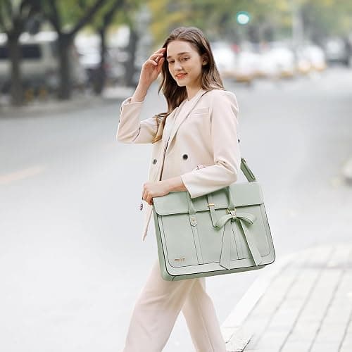 MOSISO Laptop Bag for Women, 15-15.6 inch PU Leather Laptop Shoulder Bags Convertible Backpack, 16 inch Messenger Bags Casual Handbag Work Briefcase Travel Computer Bag with Bowknot, Sage Green thumbnail 2