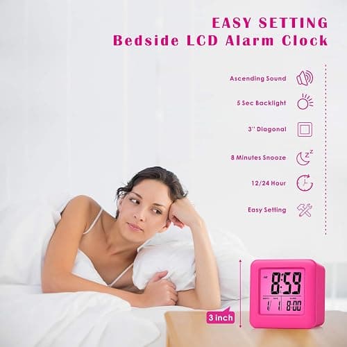 Plumeet Digital Kids Alarm Clock with Snooze and Nightlight - Easy Setting Silicone Clock Display Time, Date - Loud for Bedroom - Battery Powered (Pink) thumbnail 2