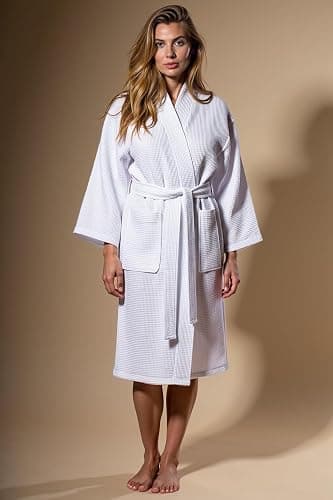 Turquaz Lightweight Waffle Knit Kimono Bathrobe - Soft Cotton Blend Spa Robe, Fast-Drying Full-Length Unisex Robes for Women thumbnail 3