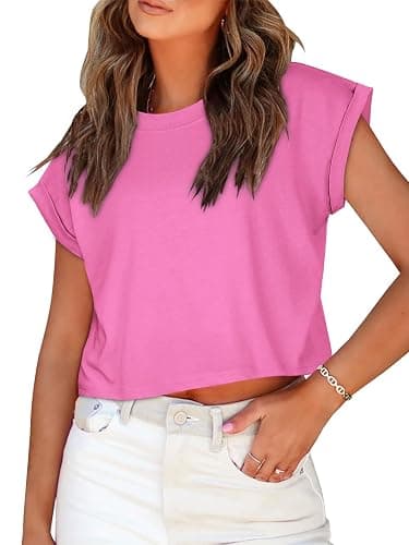Summer Short Sleeve Crop Tops Womens Crewneck Roll Cap Sleeve T Shirts Loose Fit Basic Tees 2026 - Image 1