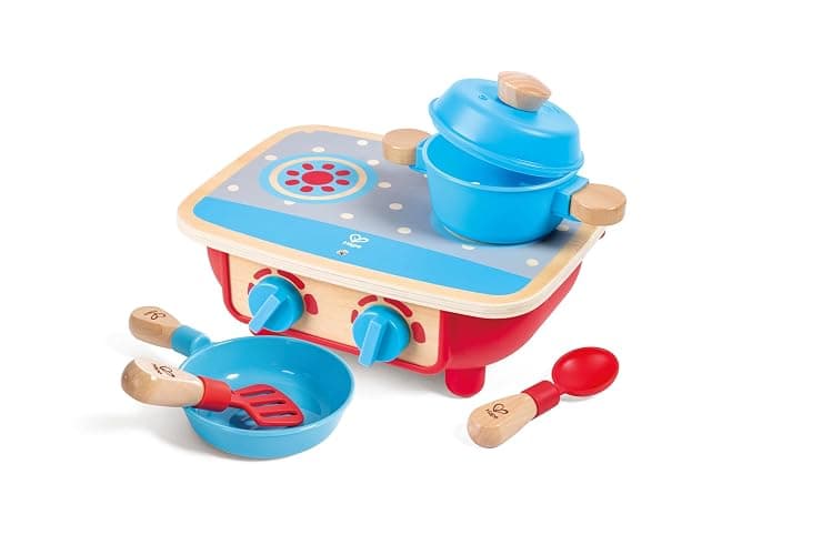 Hape Toddler Kitchen Set | Wooden 6 Piece Cooking Set, Pretend Kitchen Playset with Toy Stove, Frying Pan, Spoon, Spatula thumbnail 5
