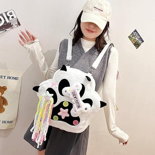 Kawaii Cat's Paw Shaped Plush Backpack With Stars and Tassels for Women Cute Y2K Furry Pentagram Bag Large Capacity (Pink) thumbnail 2