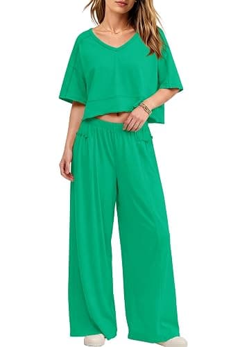 Yanekop Womens Two Piece Lounge Set for Summer Airport Travel Outfit V Neck Crop Tops and Wide Leg Pants with Pockets thumbnail 2