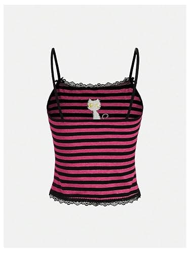 Floerns Women's Sleeveless Cat Embroidery Striped Scoop Neck Contrast Lace Cami Tops thumbnail 2