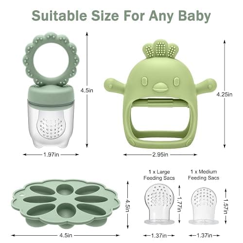 3 Pack Silicone Teething Mitten for Babies with Baby Fruit Food Feeder & Freezer Tray Set, BPA Free Infant Teething Relief Toy for 3 Month+, Additional Silicone Sacs thumbnail 2