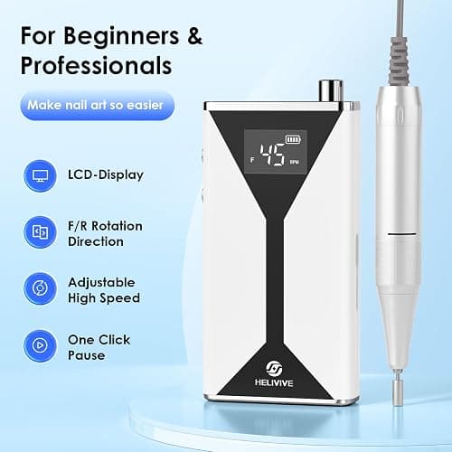 HELIVIVE Professional Electric Nail Drill 45000RPM (Portable & Rechargeable) (with 11 Drill Bits ) Cordless Nail File Machine for Shaping, Polishing & Removing Gel Nails for Salon Home (White) thumbnail 7