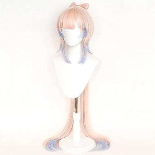 maysuwell Anime Pink Mixed Blue Wigs with Bangs Long Straight Hair with Ponytail Pre-made Bows Game Character Cosplay Wig Halloween,Christmas,Comic con,Game Show thumbnail 4
