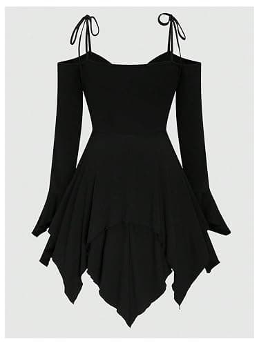 SHENHE Women's Plus Size Cold Shoulder Dress Bell Sleeve Drawstring Asymmetrical Flowy Gothic Fairy Dresses thumbnail 2
