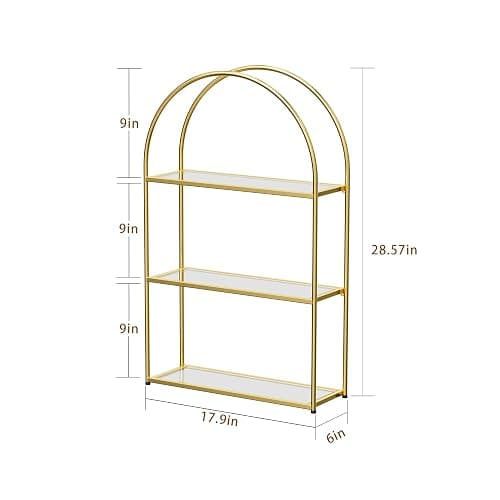 Crofy Gold Arched Frame Wall Shelf, Decorative 3 Tier Bathroom Wall Shelf with Transparent Tempered Glass Shelves and Robust Storage Capacity, 6" D x 17.9" W x 28.57" H thumbnail 3