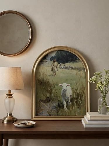 TwoDays Gold Vintage Christian Jesus Arched Wood Framed Wall Art – Jesus Leaves the 99 Sheep Canvas Picture, Religious Farmhouse Artwork Prints Wall Decor for Living Room, Bedroom (11" x 13.8") thumbnail 7