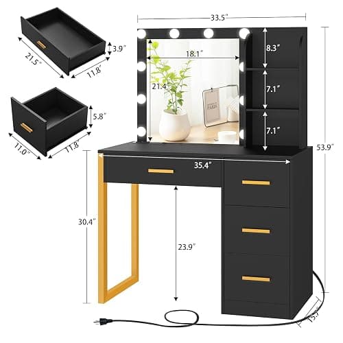 FIONESO Makeup Vanity Desk with Mirror & Lights, Vanity Desk with 4 Drawers & Charging Station, Dressing Vanity Table with Open Storage Shelves, 3 Color Modes, Vanity Table for Bedroom, Black thumbnail 2
