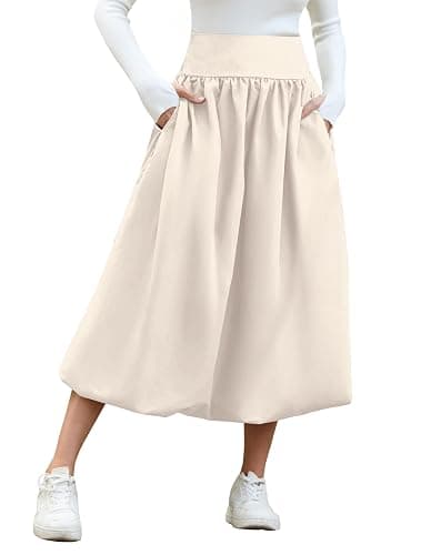 peassa Women's Bubble Long Skirt Elastic Waist A-Line Pleated Ruffle Flowy Balloon Maxi Skirts with Pockets thumbnail 3