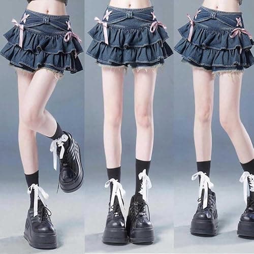 Women's Bow Low Waist Retro Pleated Skirt with Adjustable Waist A-line mini Denim Skirt Y2K thumbnail 2