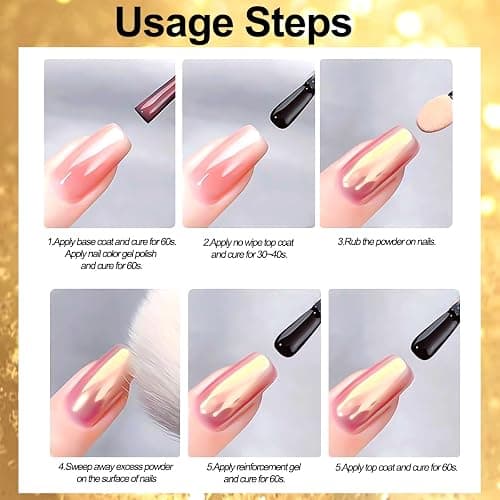 6 Colors Chrome Nail Powder,Gold Silver Super Metallic Effect Chrome Powder for Nails,Holographic Mirror Glitter White Pearl Pigment Dust Kit for Gel Polish Nail Art Decoration Manicure Nail Supplies thumbnail 9